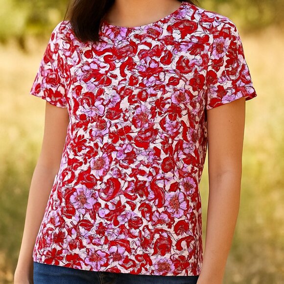 Trina Turk Pink and Red Floral Serilda Short Sleeve Blouse Size Small NWOT - Picture 1 of 6